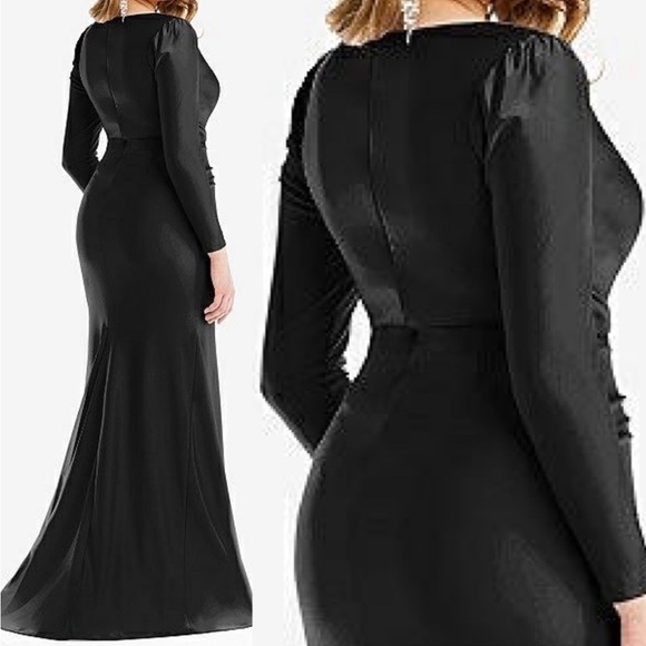 CYNTHIA & SAHAR Yasmeen Black Plunge Luxe Satin High Slit Evening Gown CS102 - Picture 13 of 15